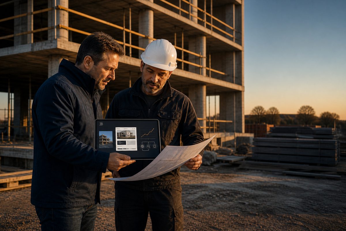 Deux artisans consultant le site BATIVISIO sur tablette, avec les plans du chantier