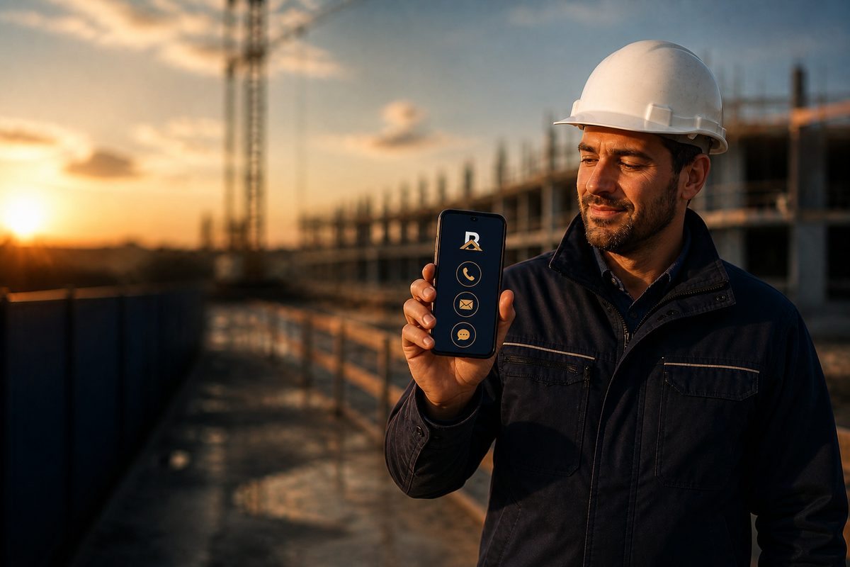 Artisan présentant les moyens de contact BATIVISIO depuis son téléphone, sur un chantier au coucher du soleil
