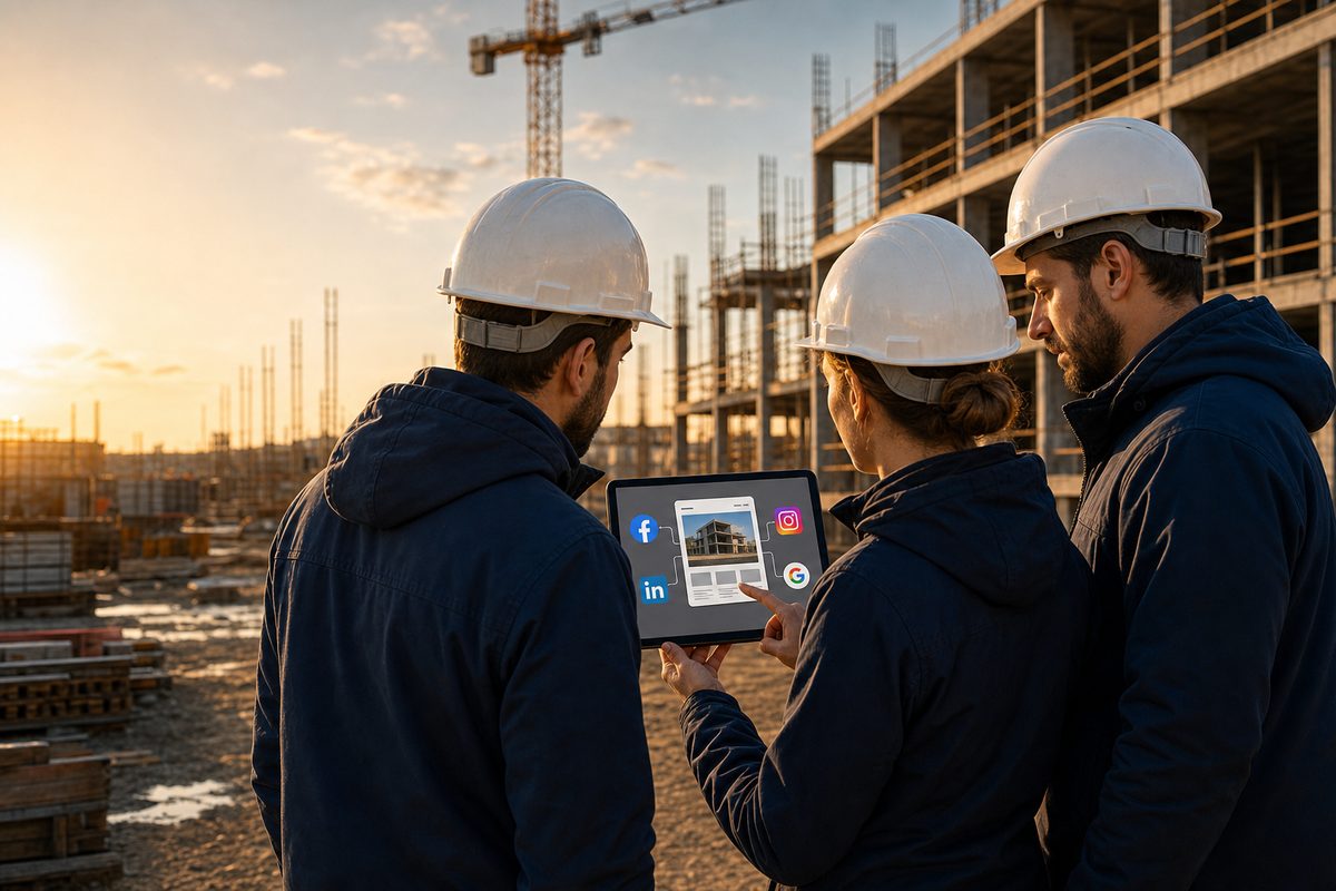 Artisans consultant la diffusion de leur visibilité digitale BATIVISIO sur tablette, sur un chantier